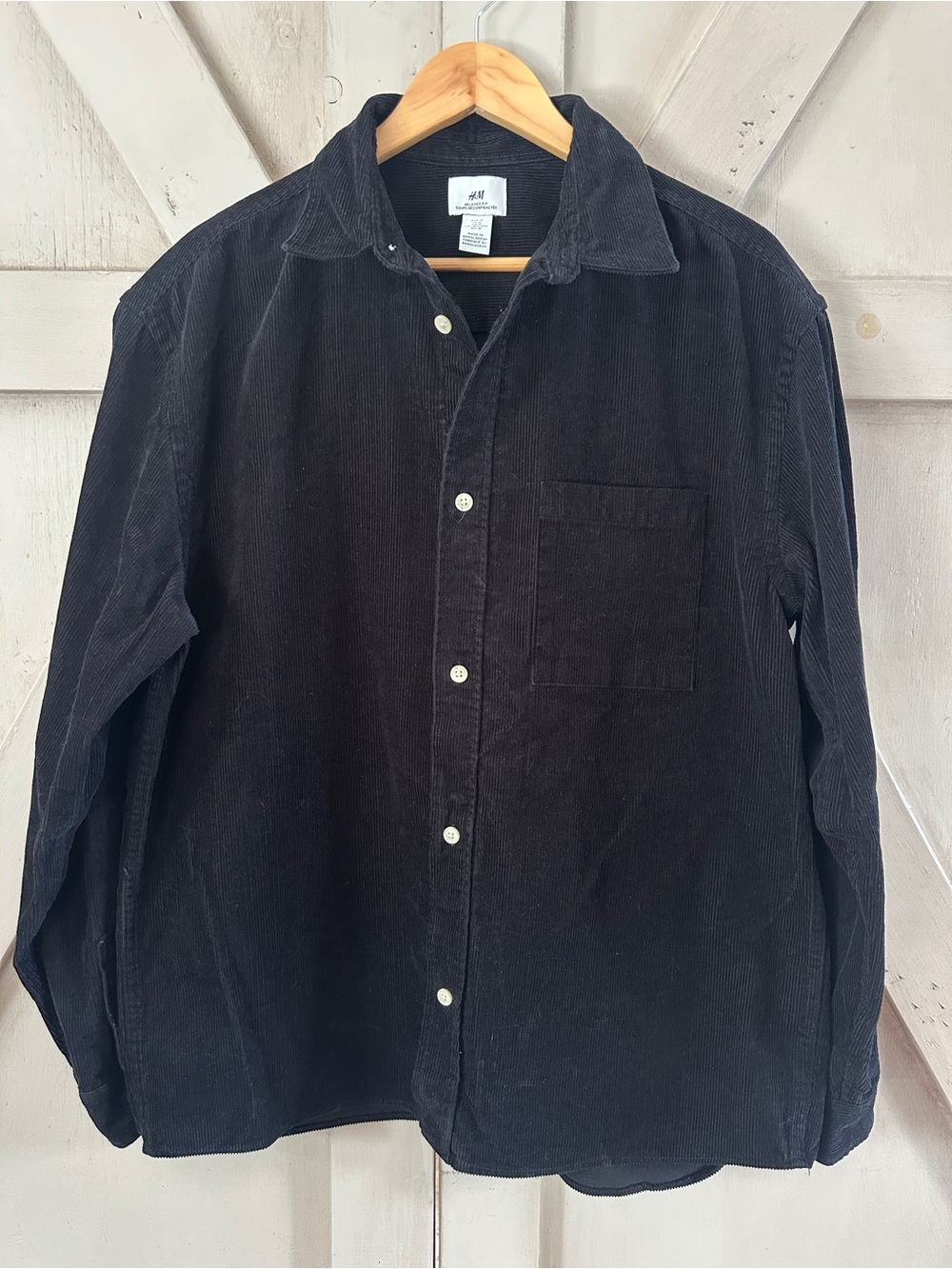H&M Black Corduroy Overshirt Relaxed Fit Button Front Cotton Shirt M